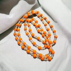 Vintage Long Orange & Clear Plastic Beaded Necklace (26")